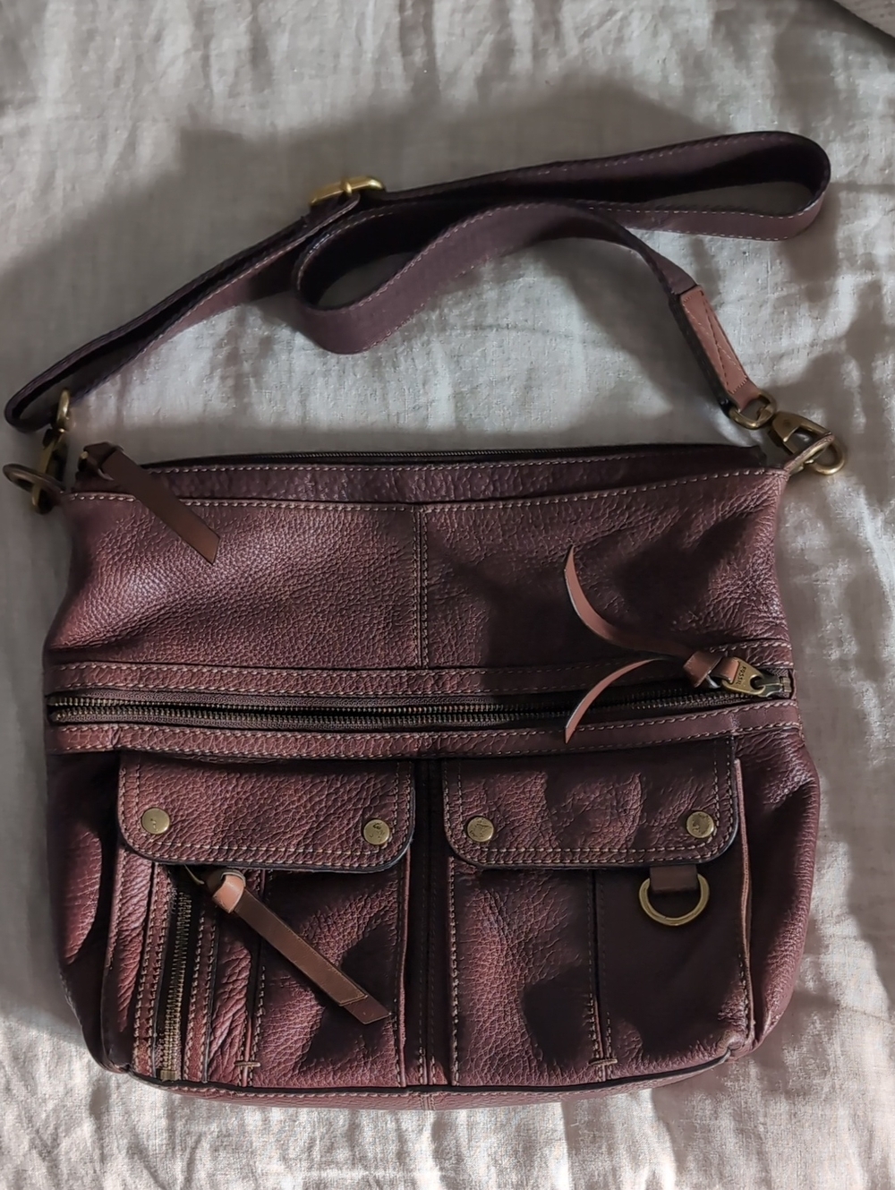 Fossil Brown Leather Crossbody with Multiple Front Pockets